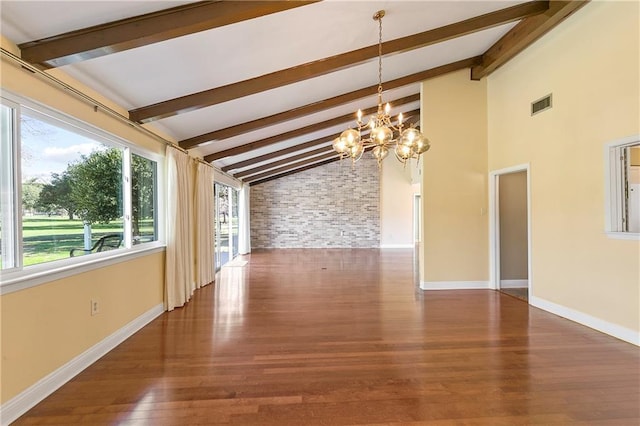 interior space with high vaulted ceiling, an inviting chandelier, dark wood-type flooring, and beam ceiling