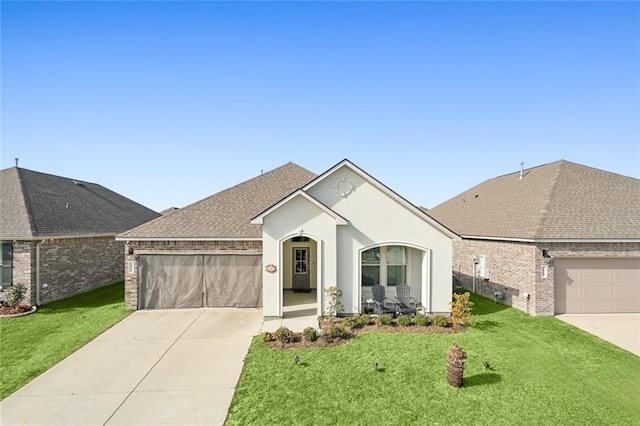 single story home featuring a front yard and a garage