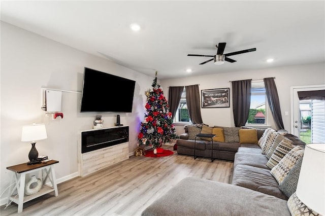 living room featuring ceiling fan and light hardwood / wood-style flooring