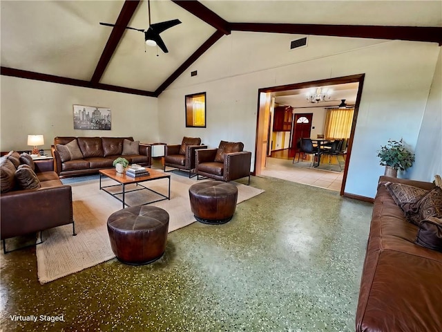 living room with ceiling fan and vaulted ceiling with beams