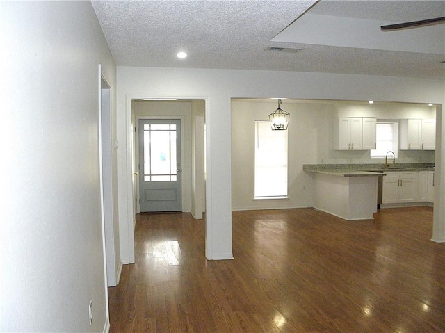 unfurnished living room featuring sink, a textured ceiling, ceiling fan, and dark wood-type flooring