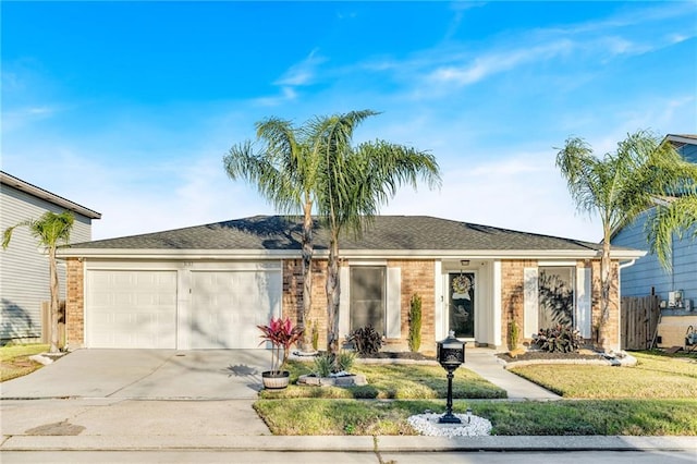 ranch-style home with a front lawn and a garage