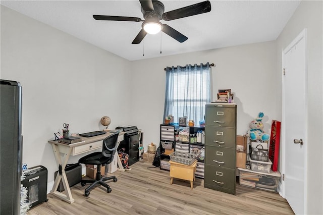 office space with ceiling fan and light hardwood / wood-style flooring