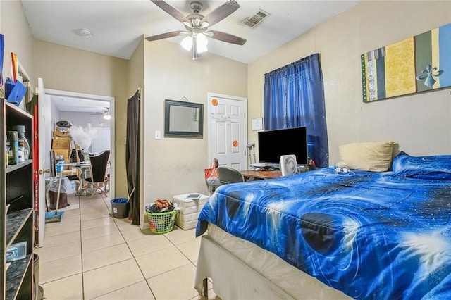 bedroom featuring tile patterned flooring and ceiling fan