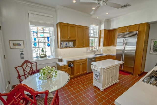 kitchen featuring stainless steel appliances, crown molding, ceiling fan, a kitchen island, and sink