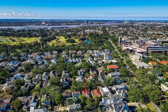 drone / aerial view featuring a water view