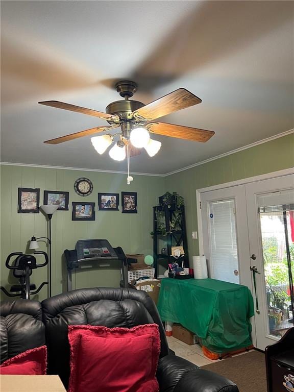 bedroom featuring carpet, french doors, access to exterior, ceiling fan, and crown molding