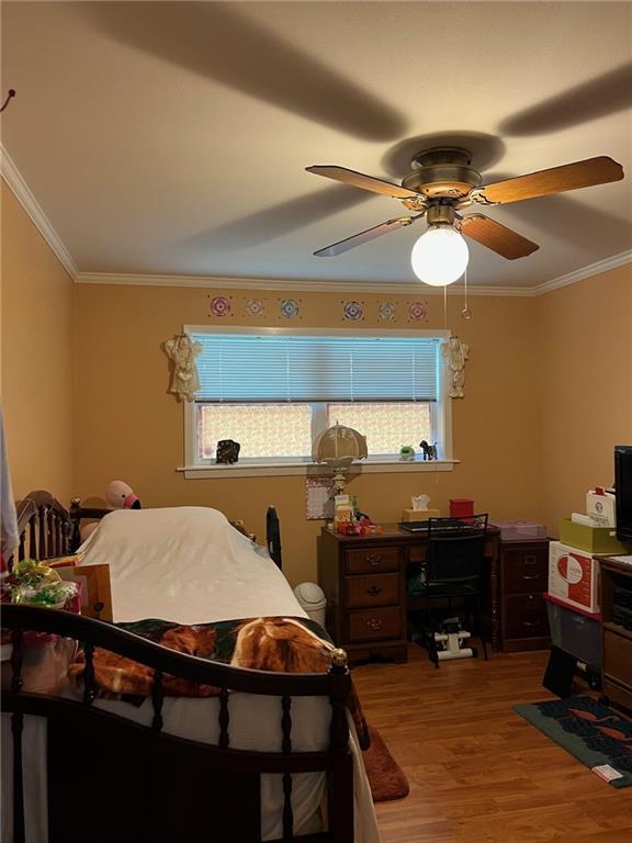 bedroom with hardwood / wood-style floors, ceiling fan, and crown molding