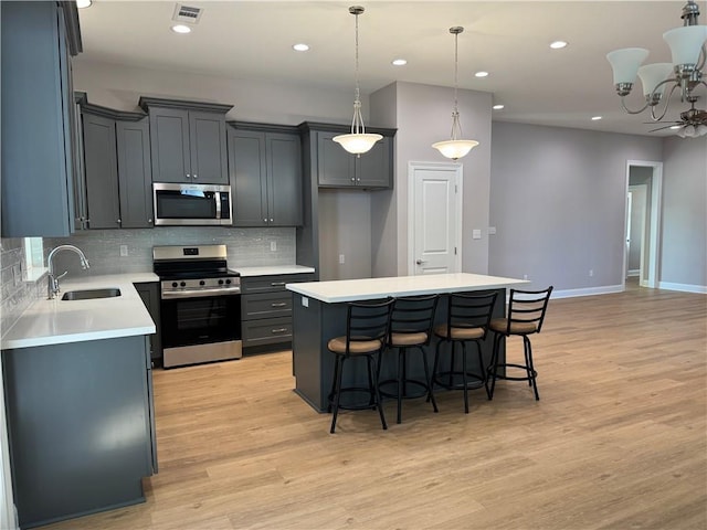 kitchen featuring stainless steel appliances, a kitchen island, decorative backsplash, and sink