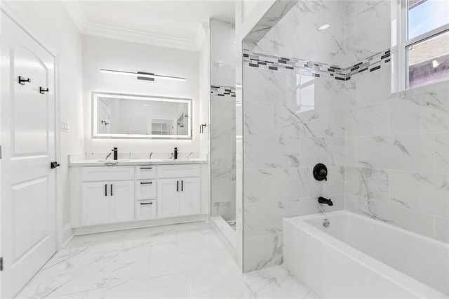 bathroom featuring vanity, tiled shower / bath combo, and crown molding