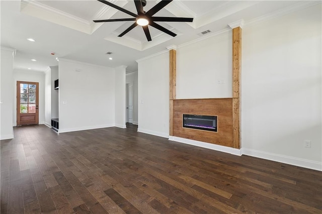 unfurnished living room with ornamental molding, coffered ceiling, ceiling fan, dark wood-type flooring, and beam ceiling