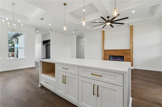 kitchen featuring ceiling fan with notable chandelier, a large fireplace, white cabinets, ornamental molding, and coffered ceiling