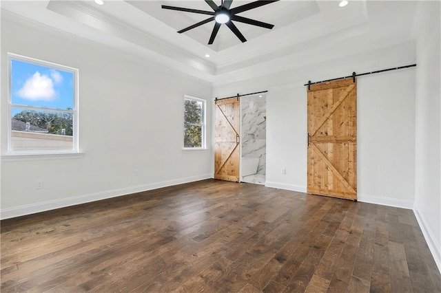 unfurnished room featuring a tray ceiling, plenty of natural light, and a barn door