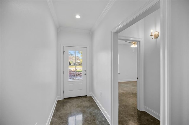 doorway to outside with ceiling fan and crown molding