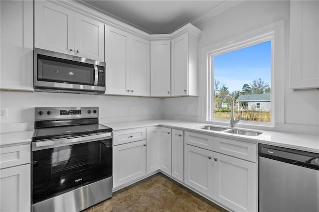 kitchen with appliances with stainless steel finishes, white cabinets, crown molding, and sink