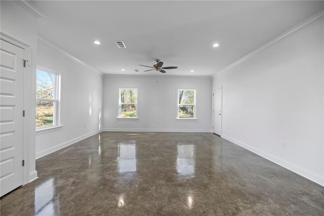 empty room featuring ornamental molding and ceiling fan