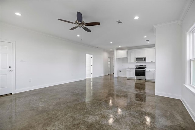 unfurnished living room featuring ceiling fan and crown molding