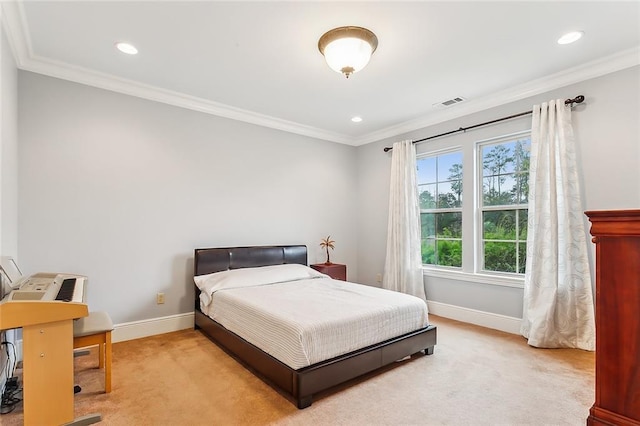 bedroom with carpet and crown molding