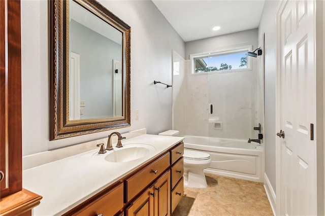 full bathroom with toilet, tile patterned floors, shower / washtub combination, and vanity