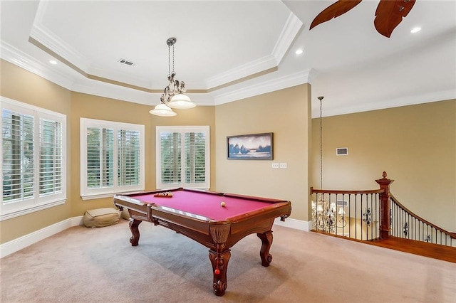 rec room with pool table, crown molding, a raised ceiling, and carpet flooring