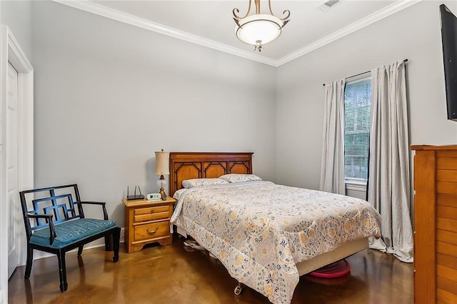 bedroom featuring concrete flooring and ornamental molding