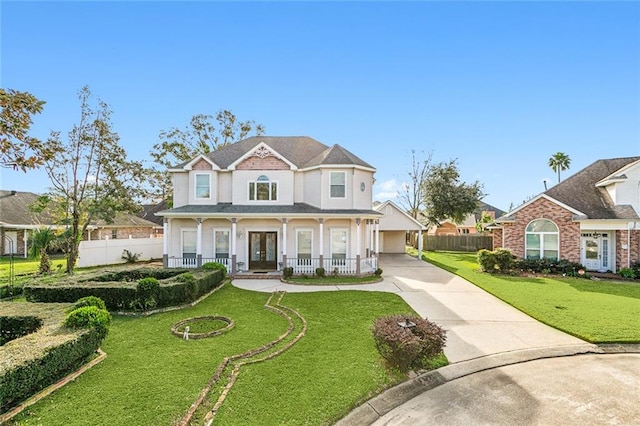 view of front of property featuring covered porch, a front lawn, and a garage