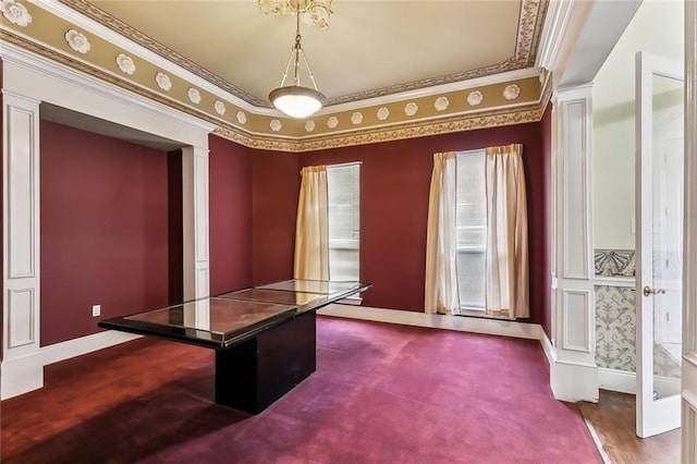 unfurnished office with carpet and ornamental molding