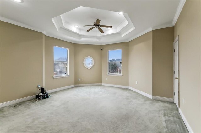 carpeted spare room with ceiling fan, ornamental molding, and a raised ceiling