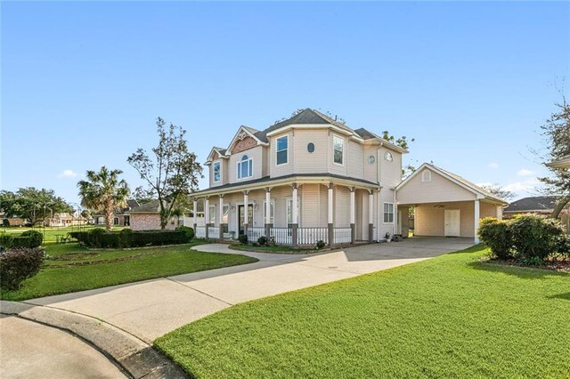 view of front of home with a carport, a front yard, and covered porch