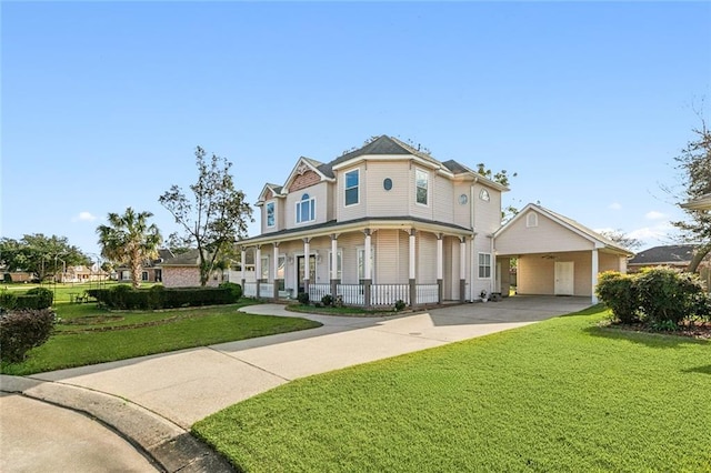 view of front of home featuring a carport, a porch, and a front yard