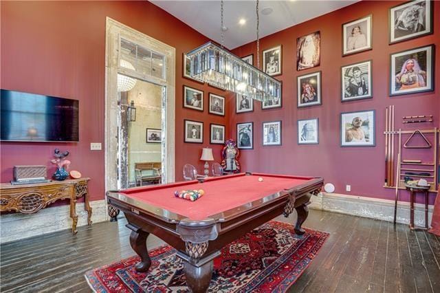 rec room with wood-type flooring and billiards