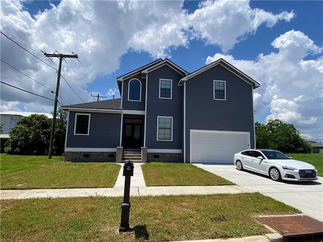 traditional home with crawl space, an attached garage, concrete driveway, and a front lawn