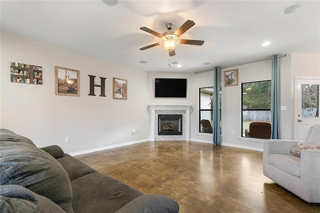 living room with ceiling fan