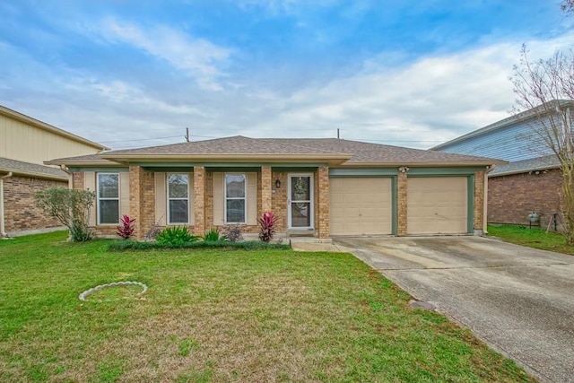 single story home featuring a front yard and a garage