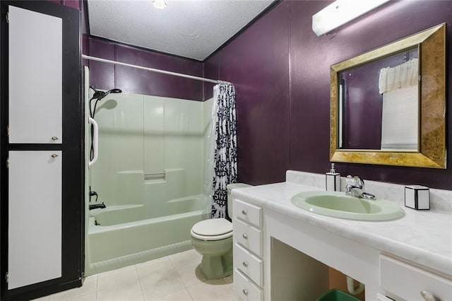 full bathroom featuring toilet, a textured ceiling, tile patterned flooring, shower / tub combo, and vanity