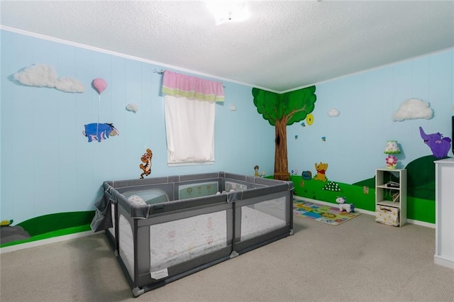 carpeted bedroom with a textured ceiling