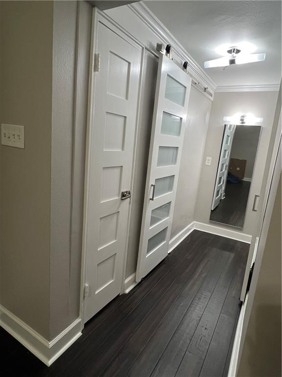 1205 St Charles Ave Unit 1101, New Orleans, LA 70130 - hall with dark wood finished floors, baseboards, ornamental molding, and a barn door
