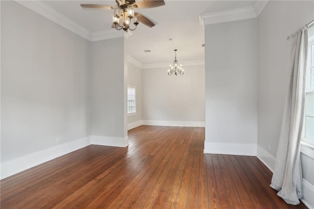 unfurnished room with ceiling fan with notable chandelier, crown molding, and dark wood-type flooring