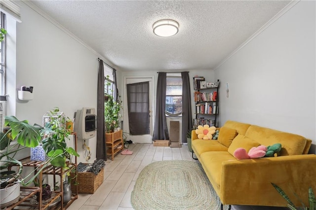 living room with ornamental molding, heating unit, and a textured ceiling