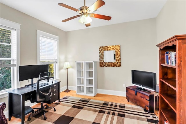 home office featuring ceiling fan and light wood-type flooring