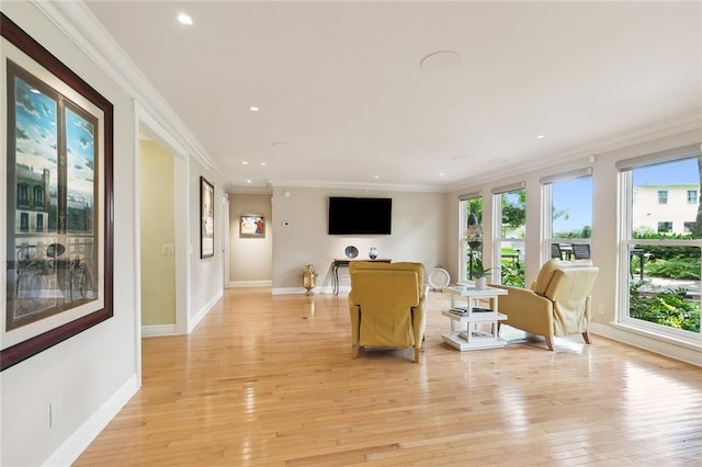 living room featuring crown molding and light hardwood / wood-style flooring