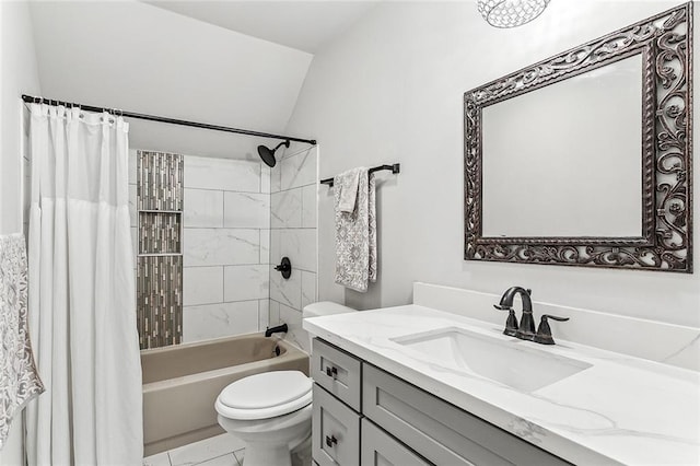 full bathroom with toilet, vanity, lofted ceiling, and shower / bathtub combination with curtain