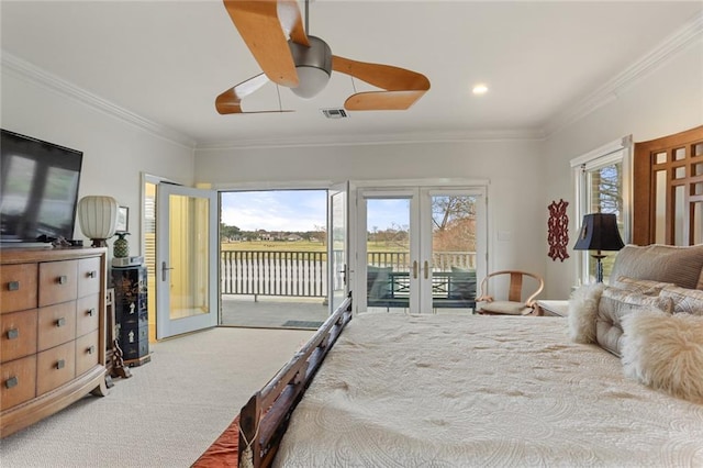 bedroom with multiple windows, access to exterior, and french doors