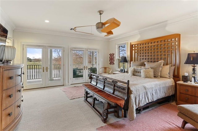 bedroom with french doors, crown molding, light carpet, ceiling fan, and access to exterior