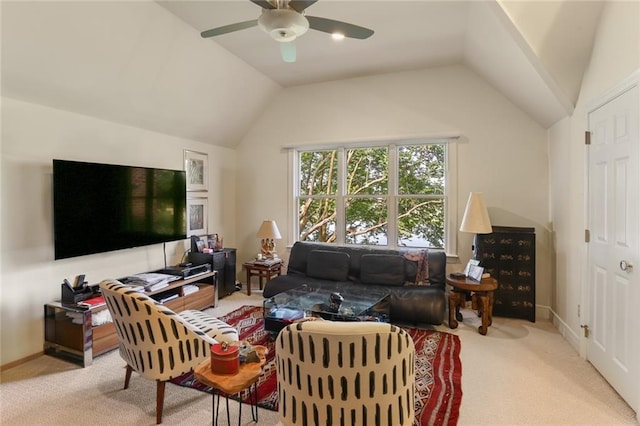 carpeted living room featuring lofted ceiling and ceiling fan