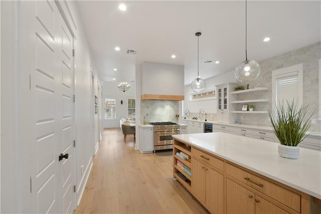201 S Cortez St, New Orleans, LA 70119 - kitchen with open shelves, stainless steel range, decorative backsplash, light wood-style floors, and light countertops