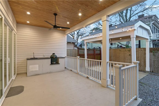 view of patio with ceiling fan and sink