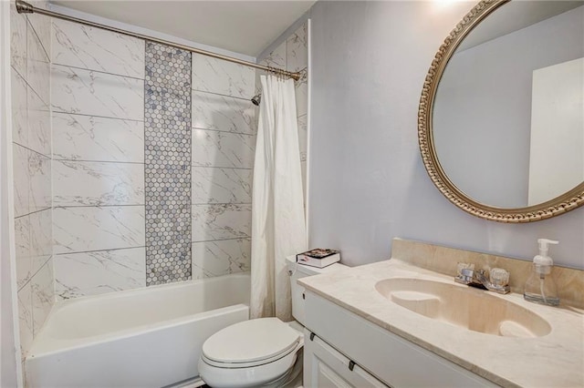 full bathroom featuring toilet, vanity, and shower / bathtub combination with curtain