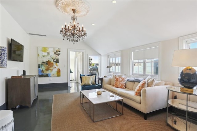 living room featuring a chandelier and vaulted ceiling