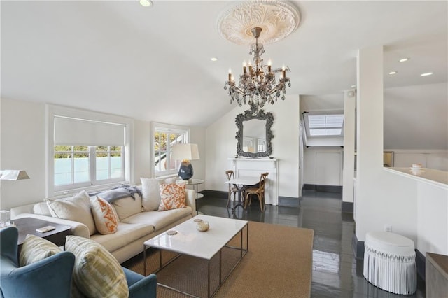 living room featuring lofted ceiling and a notable chandelier